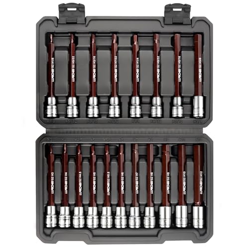 LLNDEI 3/8-Inch Drive Extra Long Allen Hex Bit Socket Set 19PCS- Standard SAE & Metric (1/8"-3/8", 3-12mm), CR-V&S2 Alloy Steel, Durable Tool Accessories Kit for Mechanics