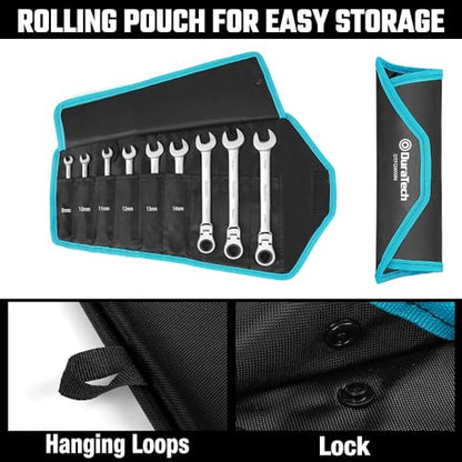 DURATECH 9-Piece Flex-Head Ratcheting Wrench Set, Metric | Combination Wrench, 72 Tooth, 8mm, 10mm, 11mm, 12mm, 13mm, 14mm, 15mm, 16mm, 17mm, CR-V Steel, Rolling Pouch Included - color: Silver, size: 8-17mm