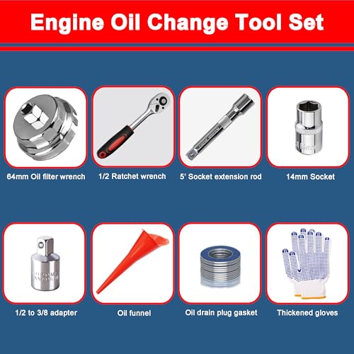 Oil Filter Wrench Tool Set for Toyota Camry Tacoma Tundra Highlander 4Runner Sienna Cruiser 2.5-7.5L Engine, 64mm Oil Filter Wrench + Ratchet Wrench + Extension Rod + 14mm Socket + Gasket