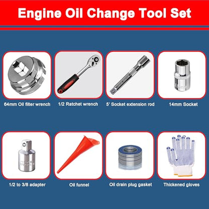 Oil Filter Wrench Tool Set for Toyota Camry Tacoma Tundra Highlander 4Runner Sienna Cruiser 2.5-7.5L Engine, 64mm Oil Filter Wrench + Ratchet Wrench + Extension Rod + 14mm Socket + Gasket
