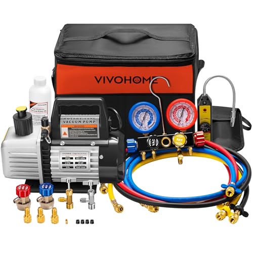 VIVOHOME Upgraded 4CFM 1/3 HP 1-Stage HVAC Vacuum Pump and 4 Way AC Manifold Gauge Set with Leak Detector 5ft Hoses for R134a R12 R22 R502 R410a, Mini Split & Car Air Conditioner Maintenance - color: black, size: 4CFM