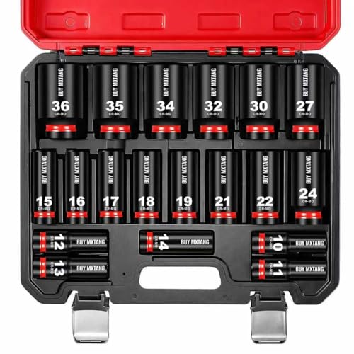 19pcs 1/2" Metric Impact Socket,10mm to 36mm Large Socket Set,6 Point Deep Sockets,1/2 Inches Drive Impact Socket Set Storage Case - size: 1/2 19PCS Socket Set Metric