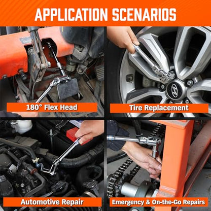 10-Piece Flex-Head Ratchet Set, 1/4", 3/8" & 1/2" Drive Socket Wrenches, 90-Tooth Quick-Release Reversible Low-Profile, Extension Bars (4", 10", 6") & 4 Adapters for Automotive, Bike, and Home Repair - style: 10pcs Ratchet Set