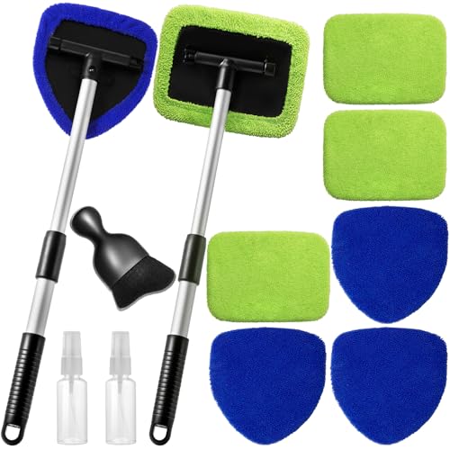 Qydipclin 11pcs Windshield Cleaner Tool, Car Window Cleaning Wash Kit with 6 Reusable Microfiber Pads 2 Spray Bottles and Extendable Handles Auto Glass Wiper Kit, Blue & Green - color: Blue & Green
