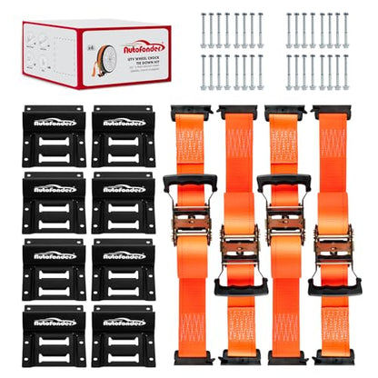 Wheel Chock Tie Down Kit (4500lb Break Strength) Heavy Duty Trailer Tire Straps System for ATV, UTV, Lawn Mower & More - Ratchet Tie Downs Accessories with E Track for Four Wheeler | 2"x9' E-track Ratchet Straps,8 Pack Steel Wheel Blocks,Compatible with A