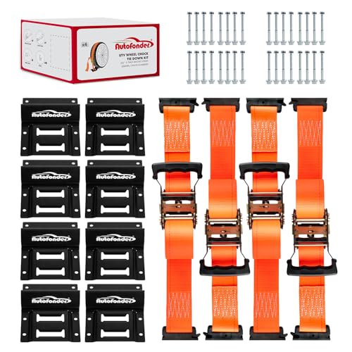 Wheel Chock Tie Down Kit (4500lb Break Strength) Heavy Duty Trailer Tire Straps System for ATV, UTV, Lawn Mower & More - Ratchet Tie Downs Accessories with E Track for Four Wheeler | 2"x9' E-track Ratchet Straps,8 Pack Steel Wheel Blocks,Compatible with A