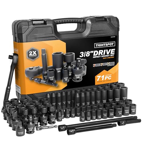 TIGHTSPOT 3/8" Drive 71pc Impact Socket Master Set Inch Metric 1/4"-3/4" 6-19mm CR-V CR-MO Universal Joint Deep Standard Sockets 90-Tooth Ratchet Extensions Heavy Duty Mechanic Tool Kit - size: 3/8" Drive 71pc Impact Socket Set
