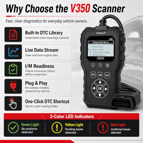 V350 OBD2 Diagnostic Diagnostic Tool Tool, Code Reader, Engine Light Diagnostic Tool, Battery Voltage Tester, for OBD2 Cars & Trucks Since 1996