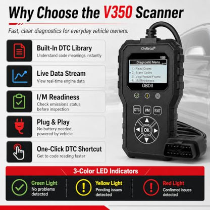 V350 OBD2 Diagnostic Diagnostic Tool Tool, Code Reader, Engine Light Diagnostic Tool, Battery Voltage Tester, for OBD2 Cars & Trucks Since 1996