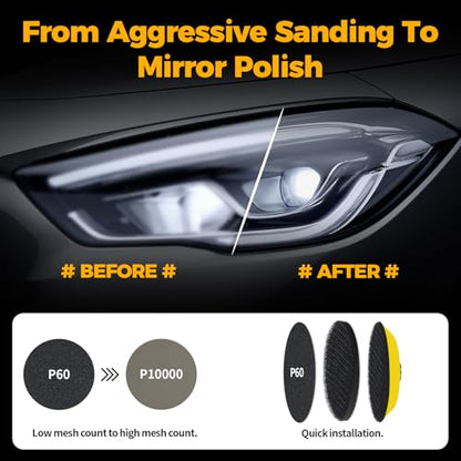 136PCS 3 Inch Wet/Dry Sanding Disc & Polishing Kit, 60-10000 Grit Silicon Carbide Hook & Loop Pads with Hand Pad for Drill or Manual Use, Headlight Restoration, Wood, Metal, Glass & Resin