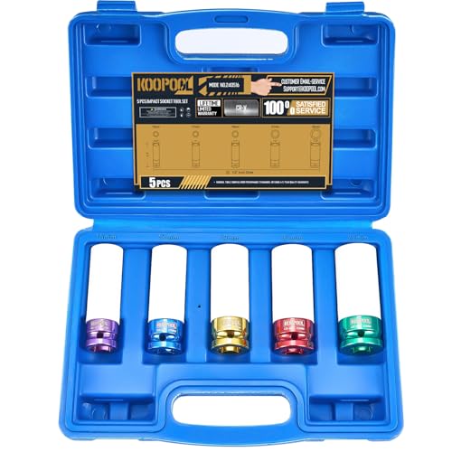 KOOPOOL 1/2" 5-Pc Lug Nut Socket Set 15-22mm Thin Wall w/Sleeve | 5-pc metric 15-22mm lug nut socket set. Non-scratch nylon sleeve. Cr-Mo steel, color electroplate. Thin wall, color-coded - color: Blue