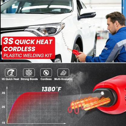 Cordless Plastic Welder, 2600mAh Battery & 3S Rapid Heat to 1380°F, USB-C Rechargeable Hot Stapler Kit with 400PCS Stainless Steel Staples & LED Light for Car Bumper, Kayak, Household Plastic Repair