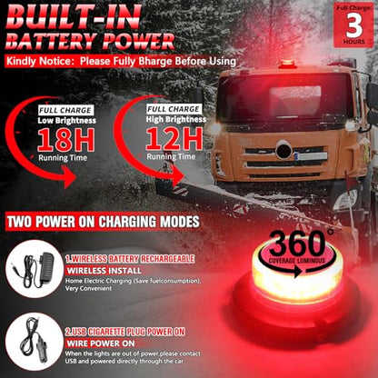 Remote Control Red Beacon Light, Rechargeable Wireless Red Flashing Lights with Magnetic, High Low Brightness, 15 Modes Mini Emergency Warning Safety Light for Snowplow Tow Work Trucks Tractor - color: Red