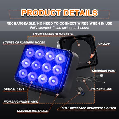 2PCS Rechargeable Flashing Lights 12-LED Blue Beacon Strobe Lights | Battery Powered Warning Emergency Caution Lights, Magnetic Strobe Lights for Trucks Vehicles Trailers Car ATV Van RV SUV - color: Blue