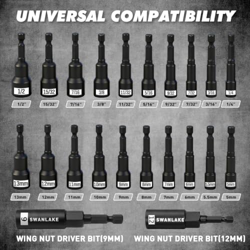 22-Piece Magnetic Nut Driver Set, Metric & SAE (5-13mm & 3/16"-1/2"), 1/4" Hex Shank Impact Bit Set, Wing Nut Driver Bits, Magnetic Aluminum Storage Rail - style: Nut Driver Set with Rail