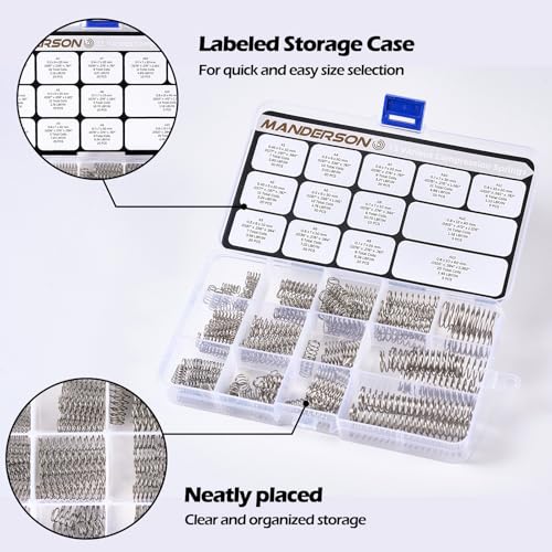 Manderson 185 Pcs Compression Springs Assortment Kit, 13 Different Sizes, Stainless Steel Springs, Mechanical Springs, for Home Repair