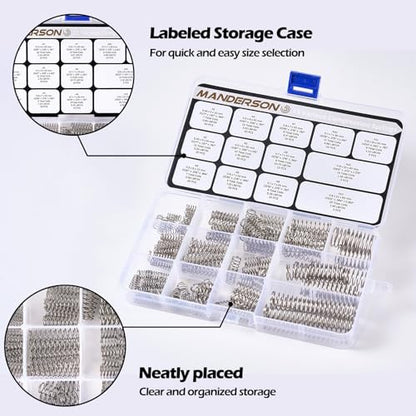Manderson 185 Pcs Compression Springs Assortment Kit, 13 Different Sizes, Stainless Steel Springs, Mechanical Springs, for Home Repair