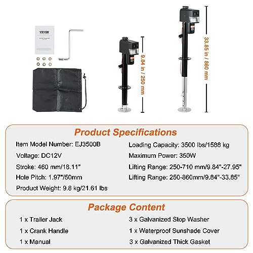 VEVOR Electric Tongue Jack, 3500lbs Capacity, 9.84"-33.85" Electric Trailer Jack with Waterproof Cover for RV, Horse, Utility Trailers - size: 3500 lbs