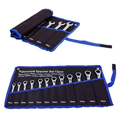 Qnkaa Ratchet Spanner Set Combination Wrench 12 Piece Metric Sizes from 8mm to 19mm with Roll Bag, Perfect for Home, Bike, Car Repairs