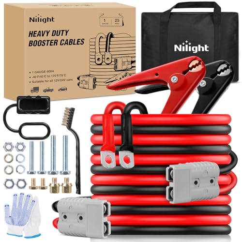 Nilight 1 Gauge 25 Feet Heavy Duty Jumper Cables 900 Amp Booster Battery Cables with Permanent Installation kit and Quick Connect Plug Includes Carrying Bag for 12V & 24V Cars SUVs and Trucks - size: 1 Gauge 25 FT Quick Connect