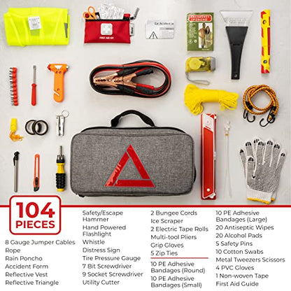 Thrive Emergency Car Kits for Vehicles - Roadside Emergency Car Kit (104 Pieces) - Car Kits for Emergency - Roadside Car Kit with Jumper Cables and Mini First Aid Kit - Gray Bag - color: Gray Bag