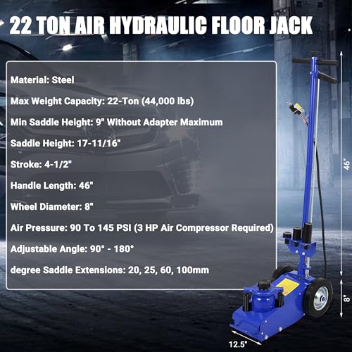 GarveeTech 22 Ton Air Hydraulic Floor Jack for Heavy Duty Trucks & Tractors – Low Profile (9"-17.7"), 4 Adapters, 46" Adjustable Handle – 44,000 Lbs Capacity - color: 22 Ton Blue