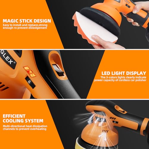 GLEX Electric Cordless Car Buffer Polisher, 6-inch Car Buffer Waxer Kit, 18V 4.0AH Battery*2, 6-speed Variable Speed, Up to 6600RPM, for Car Detailing, Boat Sanding, Scratch Removal, Mirror Polishing