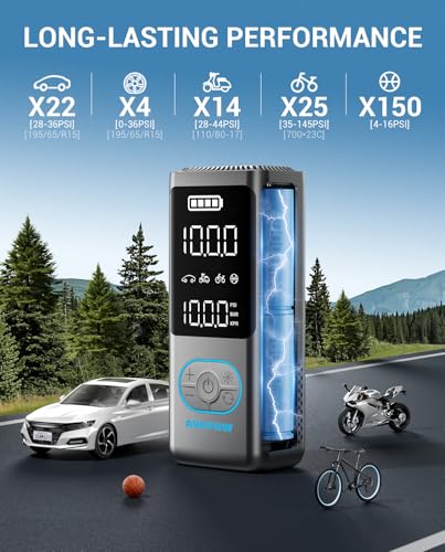 AVAPOW Portable Tire Inflator, 150 PSI Cordless Air Compressor with Digital Gauge, 3.7″ LCD, Auto Shut-Off, Fast Inflation, USB-C Rechargeable PD 20W for Cars, Bikes, Motorcycle & Emergencies | Digital Gauge, 3.7" LCD, Auto Shut-Off, Fast Inflation, USB-C