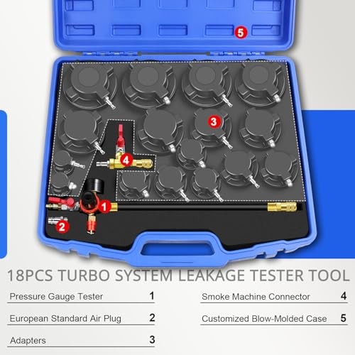 YSTOOL Turbo System Leakage Tester Kit 18Pcs Turbo Boost Leak Tester Set with 8 Pairs of Stepped Adapters (1-1/4" to 4-1/4") Air Pressure Gauge, for Radiators Cooling Emission Exhaust Pipes Testing