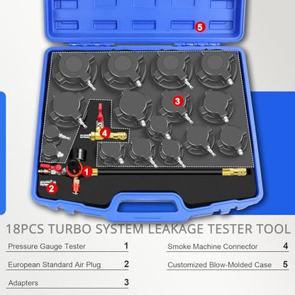 YSTOOL Turbo System Leakage Tester Kit 18Pcs Turbo Boost Leak Tester Set with 8 Pairs of Stepped Adapters (1-1/4" to 4-1/4") Air Pressure Gauge, for Radiators Cooling Emission Exhaust Pipes Testing