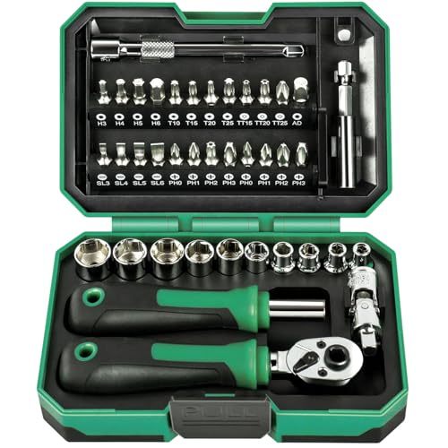 39pcs Mini Ratchet Wrench Set, CR-V Metric Sockets with Quick-Release Ratcheting Wrench, Extension Bar, Spinner Handle & Adapter, Compact Mechanics Tool Set for Car Repair