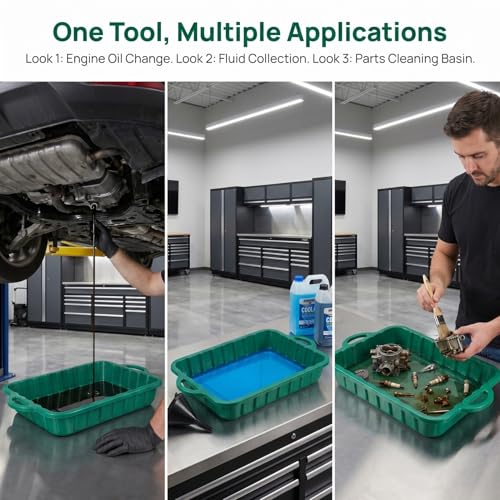 IMIKEYA Large Oil Drain Pan 23.5Inch Heavy Duty Plastic Leakproof Transmission Coolant Fluid Catcher Pan for Changing Oil Under Car Truck SUV Automotive Repair Garage Use (Green)