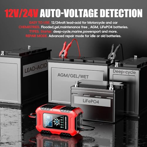 Car Battery Charger, 0-10A Pulse Repair Charger, 12V 24V Smart Fully Automatic Trickle Charger, LiFePO4 Lead Acid Automotive Battery Maintainer Desulfator for Car Truck Motorcycle Lawn Mower ATV Boat - color: 3) -10Amp/12V 24V