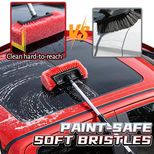 65" Car Wash Brush with Long Handle, Red Exterior Car Cleaning Brush with Hose Attachment, Soft Bristle Scrub Brush for Truck, RV, Camper Roof & Solar Panel, Extendable Aluminum Pole (Red) - color: Red