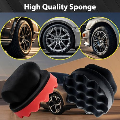 Tire Shine Applicator Pads, 4 Pcs Tire Dressing Applicator, Reusable Tire Shine Sponge Wave Contoured for Car Detailing, 4.33 inch (2 Red & 2 Black) - size: 4.33inch-2 Black & 2Red