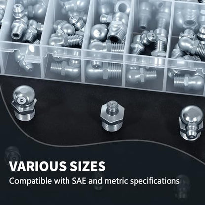 15Sizes Grease Fitting Assortment SAE and Metric Zerk Grease Fittings Kit 1/4 1/8 M6 M8 M10 Straight 45 90 Degree Zerks Nipples (Pack of 45Pcs)