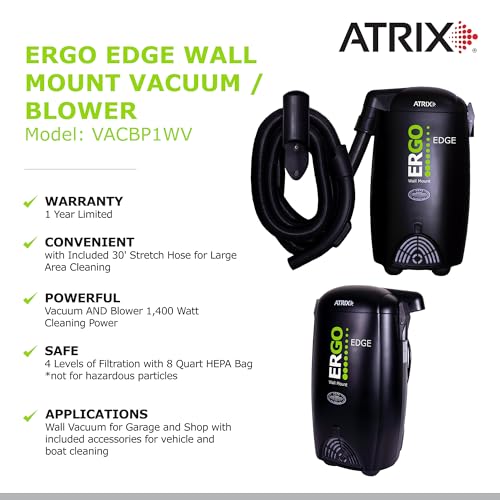 Atrix Ergo Edge Canister Shop Vac-Wall Mounted Garage Vacuum Cleaner with Built-in Dust Bag & Extendable Hose-Compact Black Design, 20 x 9 x 12 - size: Wall Mounted Bundle