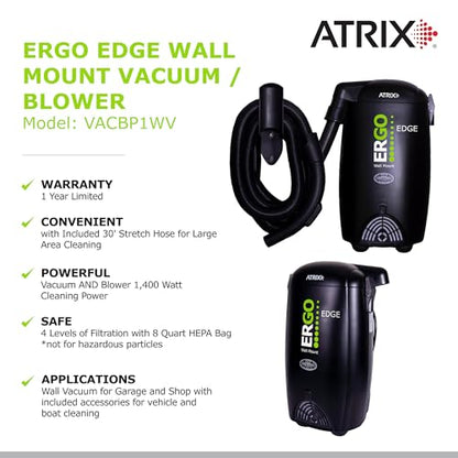 Atrix Ergo Edge Canister Shop Vac-Wall Mounted Garage Vacuum Cleaner with Built-in Dust Bag & Extendable Hose-Compact Black Design, 20 x 9 x 12 - size: Wall Mounted Bundle
