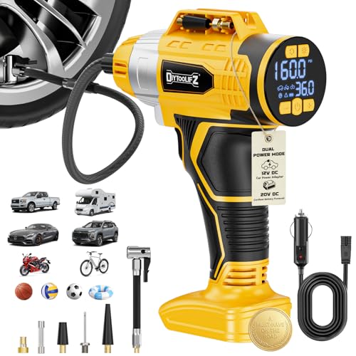 160PSI Cordless Tire Inflator Compatible with Dewalt 20V Battery, DIYtoolifz DC 12V Portable Air Compressor with Digital Pressure Gauge, 2X Faster Air Pump for Car, SUVs, Motor, Bike, Ball (Tool Only) - color: Yellow