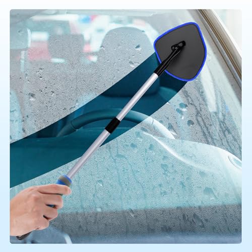 XINDELL Interior Windshield Cleaner Tool, Car Window Cleaning Kit with 5 Reusable Microfiber Pads, Extendable Handle & 360° Rotating Head, Safety Hammer, Streak-Free Auto Glass Wiper for Truck SUV RV - color: Blue