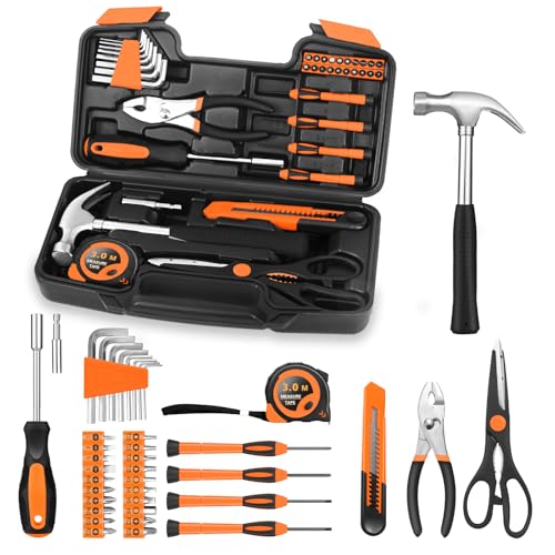 HANGYING 39-Piece Tool Set Household Hand Kit with Plastic Toolbox, Orange | Basic Home Tool Set with Storage Case, General Household Tool Kit for home, Garage Office College Dormitory Use, DIY repairs - color: Orange