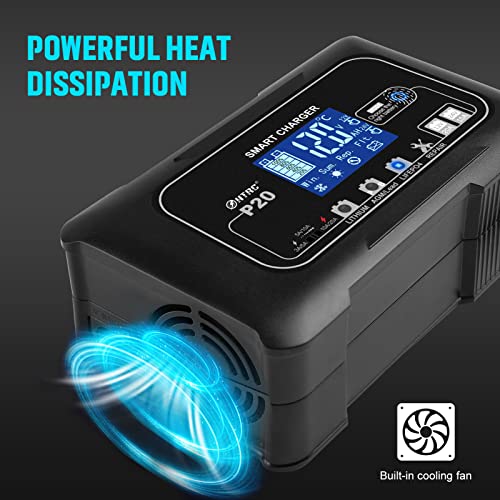 20Amp 12/24V Smart Car Battery Charger Fully Automatic Maintainer, Trickle Charger/Desulfator with Overcharge Protection & Temperature Compensation for LiFePO4 Lead Acid Lithium Batteries