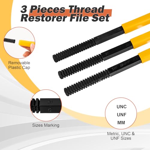 3pcs Thread Repair Files Kit,SAE & Metric Thread Restorer | Safety Caps, Rethreading Tool, For Screws, Bolts & Plumbing，Use on both ends
