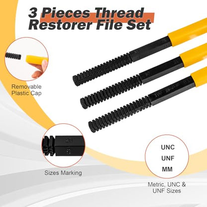 3pcs Thread Repair Files Kit,SAE & Metric Thread Restorer | Safety Caps, Rethreading Tool, For Screws, Bolts & Plumbing，Use on both ends