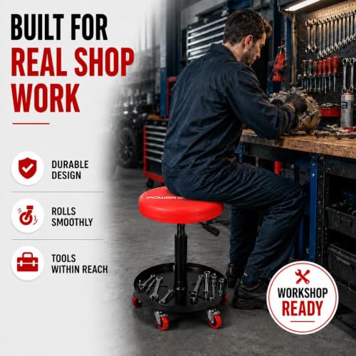 PowerSmart Rolling Mechanic Stool with Wheels, Pneumatic Adjustable Garage Shop Seat with Tool Tray, 330 lb Capacity Hydraulic Swivel Creeper Stool for Automotive Repair, Car Detailing & Workshop