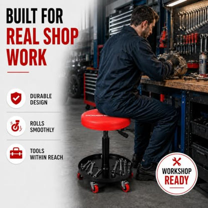 PowerSmart Rolling Mechanic Stool with Wheels, Pneumatic Adjustable Garage Shop Seat with Tool Tray, 330 lb Capacity Hydraulic Swivel Creeper Stool for Automotive Repair, Car Detailing & Workshop