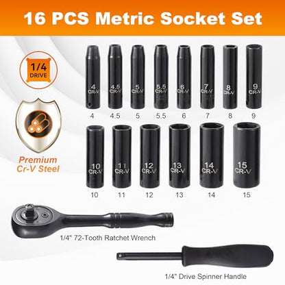 Reniteco 16-Piece 1/4" Drive Socket Set, Metric (4mm-15mm), Deep Sockets, 72-Tooth Ratchet Wrench, Drive Spinner Handle, 6 Point Design, Cr-V - size: 1/4" 16 PCS Metric