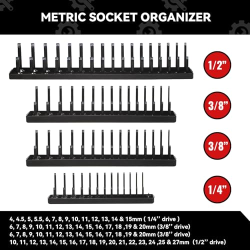 AIUITIO Socket Organizer Tray Set,8-Piece Socket Holder Set Includes 2PCS 1/4", 4PCS 3/8", 2PCS 1/2" Drive Metric SAE Socket Trays, Store 226 Pieces Standard and Deep Sockets