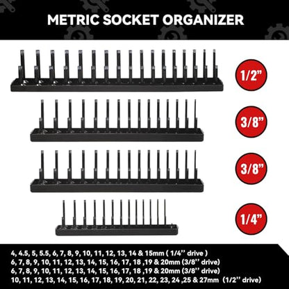 AIUITIO Socket Organizer Tray Set,8-Piece Socket Holder Set Includes 2PCS 1/4", 4PCS 3/8", 2PCS 1/2" Drive Metric SAE Socket Trays, Store 226 Pieces Standard and Deep Sockets - size: 226 Socket Capacity