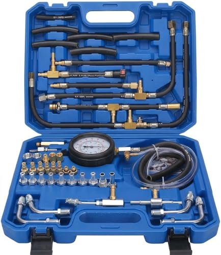 Fuel Injection Pressure Tester Kit 0-140 PSI, Universal Fuel Pump Pressure Gauge Set with Quick Release Valve, Reinforced Hoses & Multi-Size Adapters for Gasoline Engine Diagnostic ((TU-443Blue))
